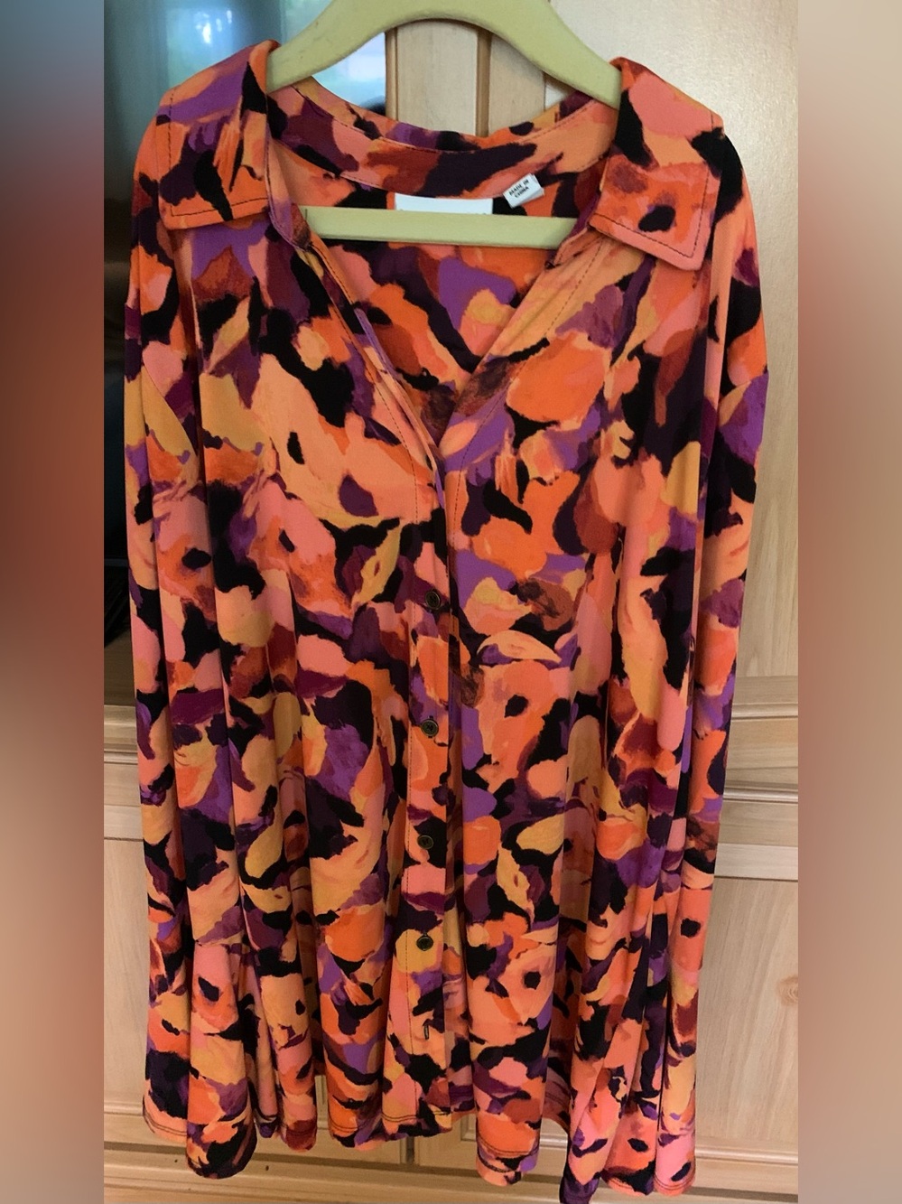 Susan Graver Orange, Purple and Black Abstract Floral Button-Front Top